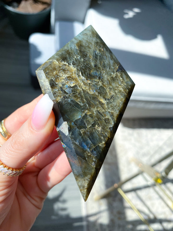 Gold Blue Labradorite Rhombus on Stand - Get this Exact Stone