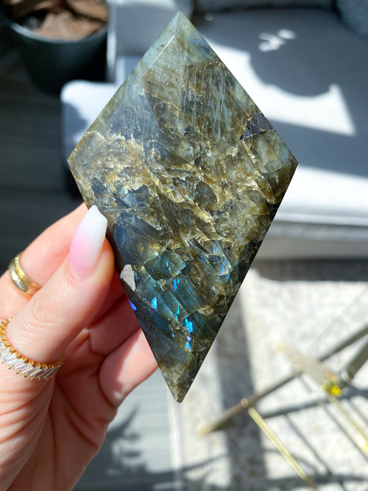 Gold Blue Labradorite Rhombus on Stand - Get this Exact Stone