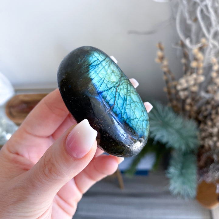 Hand holding a labradorite stone with a blurred indoor background