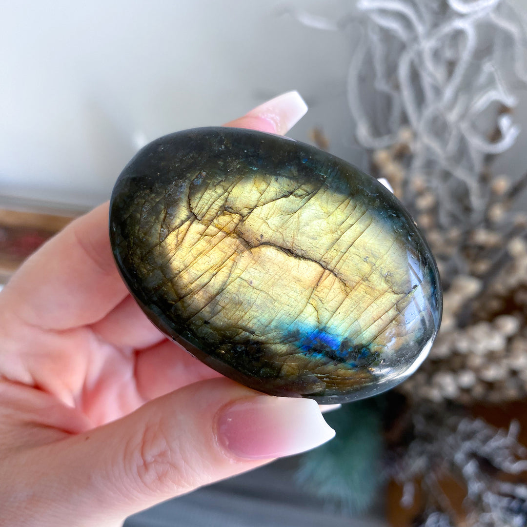 Hand holding a labradorite stone with a blurred natural background