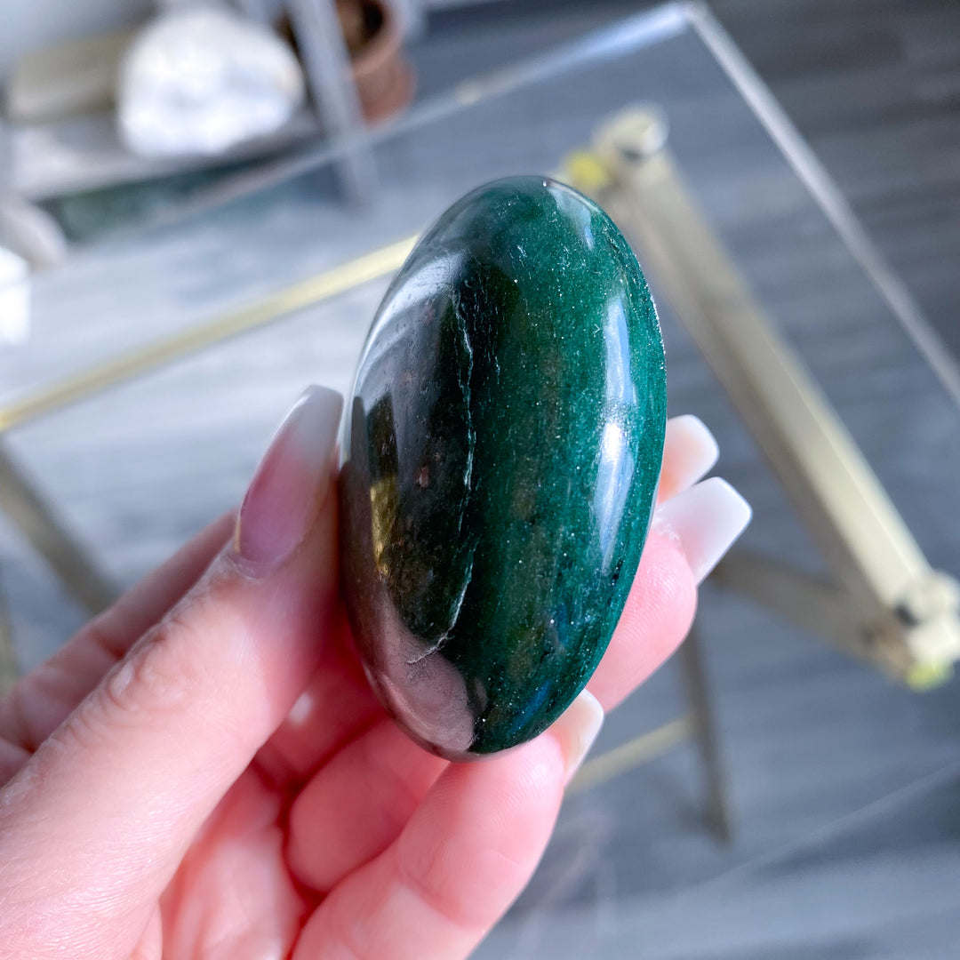 Green Aventurine Palm Stone with Mica and Hematite 