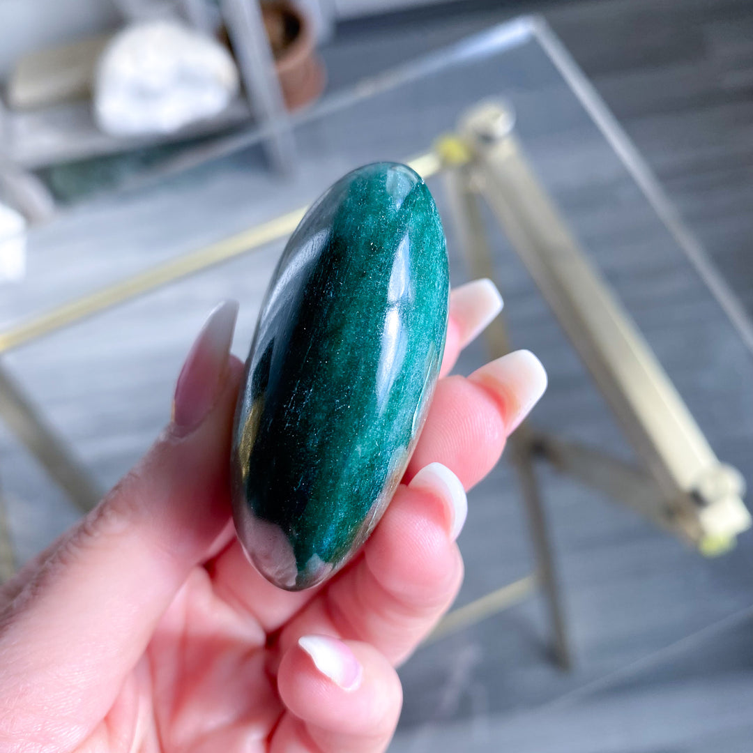 Green Aventurine Palm Stone with Mica and Hematite 