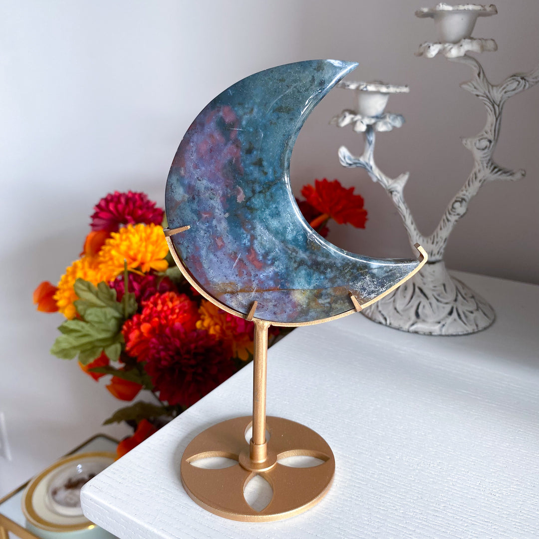 Large Ocean Jasper Moon on Gold Stand 