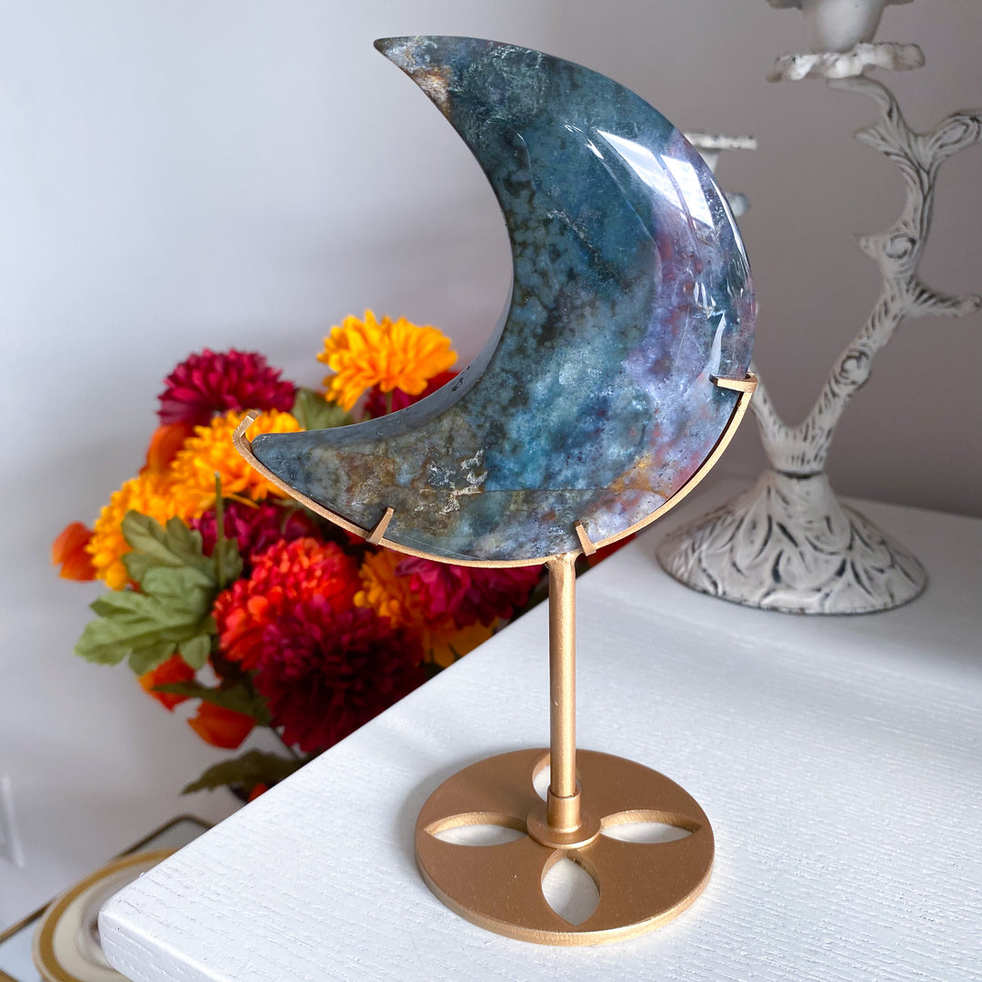 Large Ocean Jasper Moon on Gold Stand 