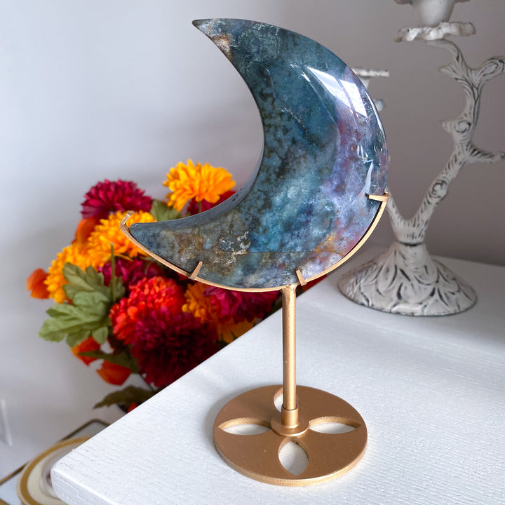 Large Ocean Jasper Moon on Gold Stand 
