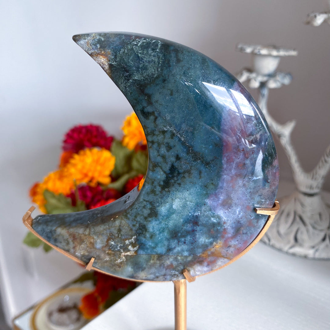 Large Ocean Jasper Moon on Gold Stand 