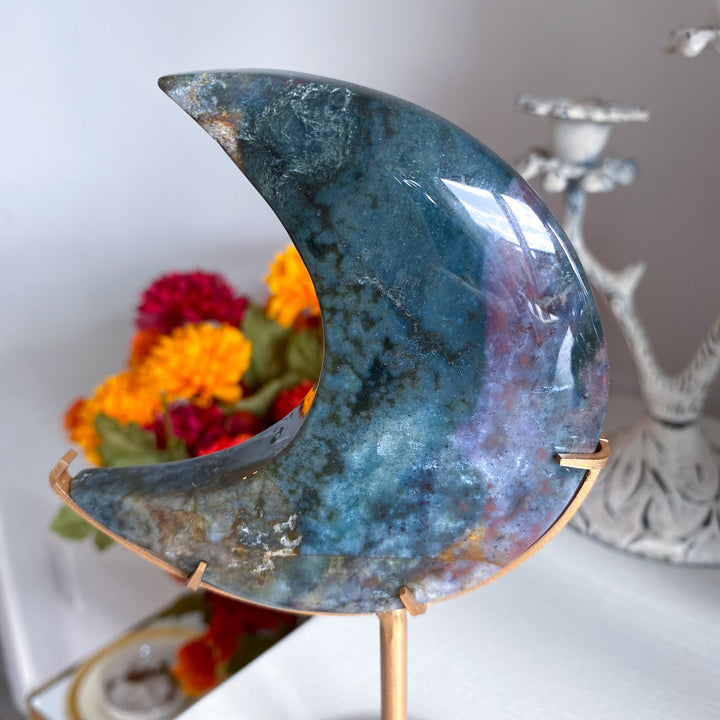 Large Ocean Jasper Moon on Gold Stand 