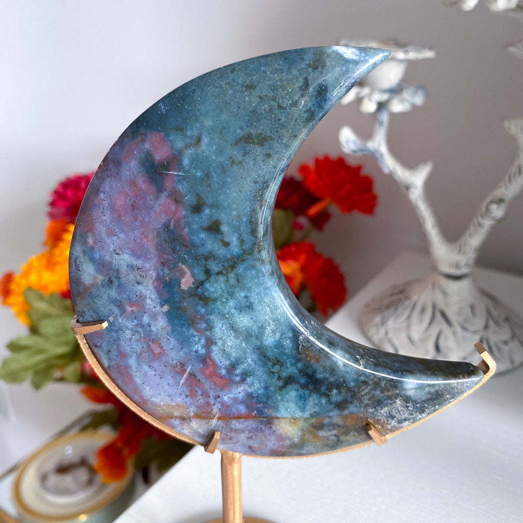 Large Ocean Jasper Moon on Gold Stand 
