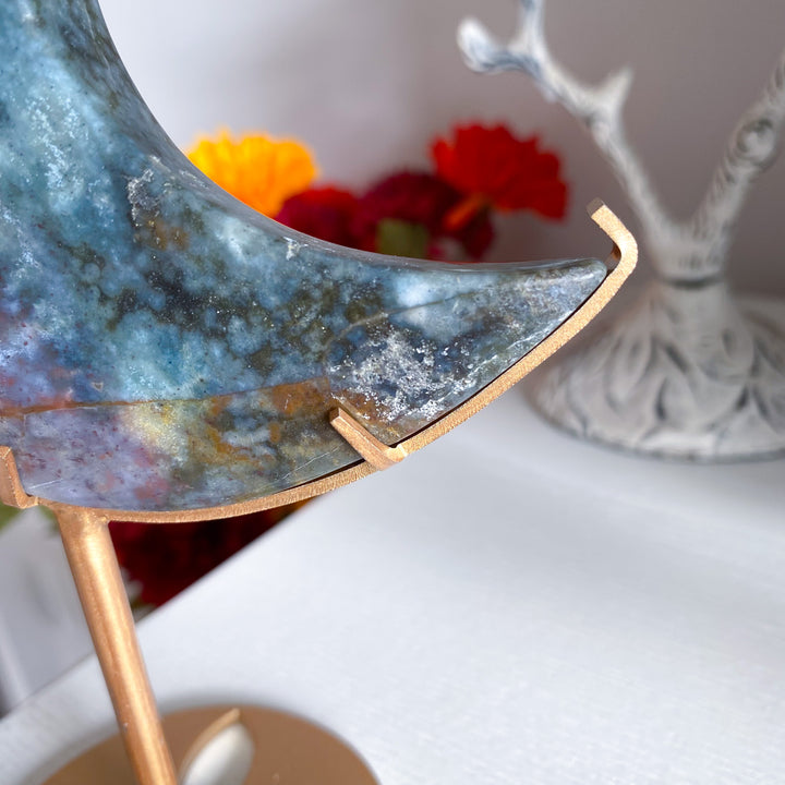 Large Ocean Jasper Moon on Gold Stand 