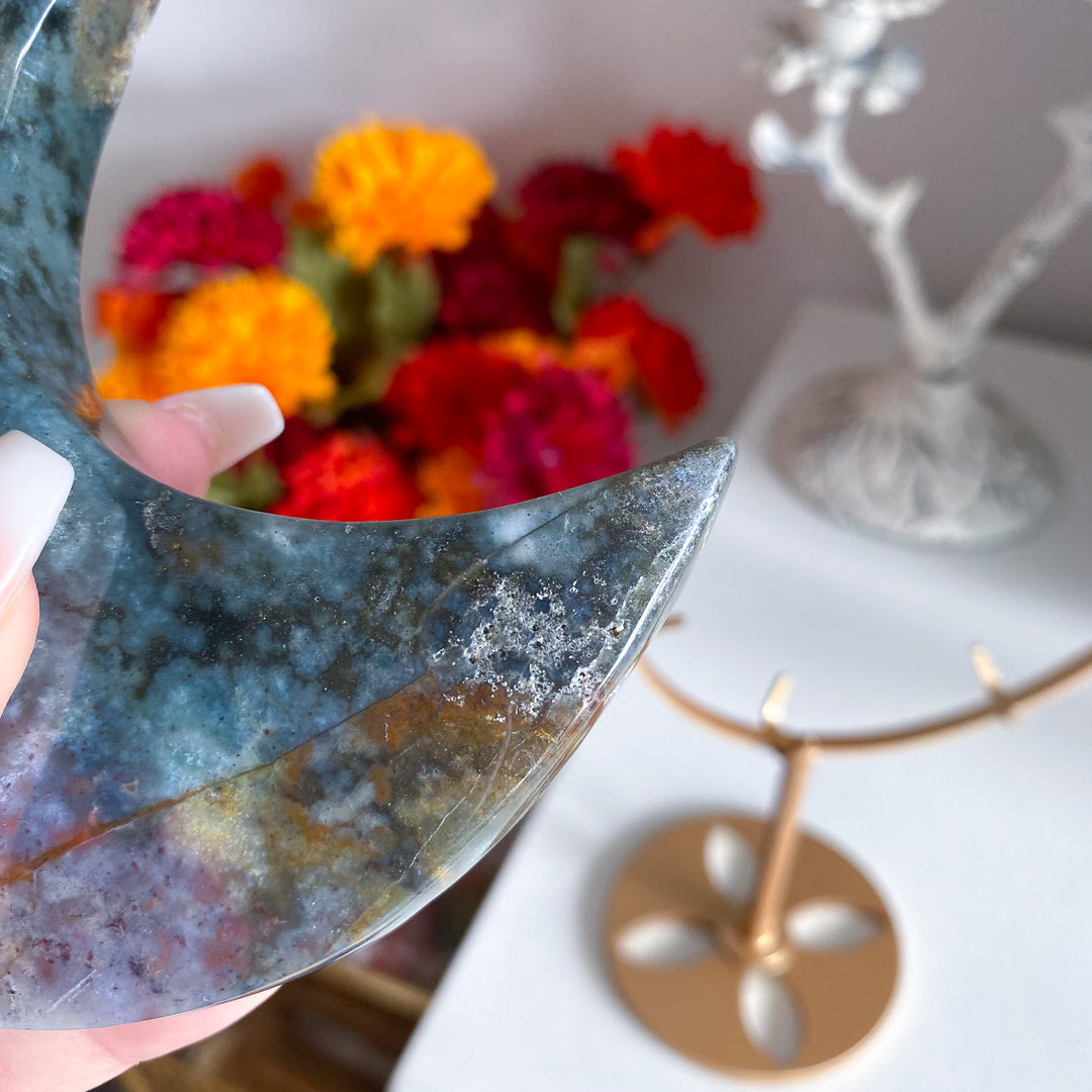 Large Ocean Jasper Moon on Gold Stand 