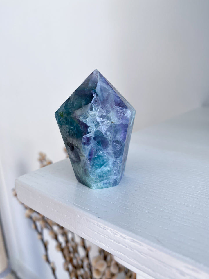 Feathered Snowflake Crackle Rainbow Fluorite Point #3