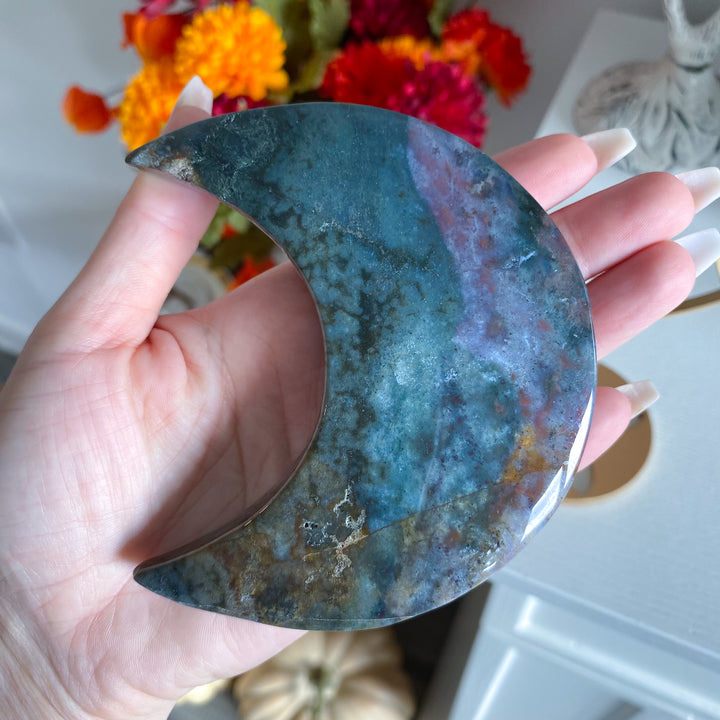 Large Ocean Jasper Moon on Gold Stand 