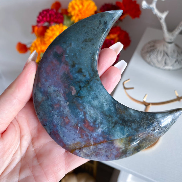 Large Ocean Jasper Moon on Gold Stand 