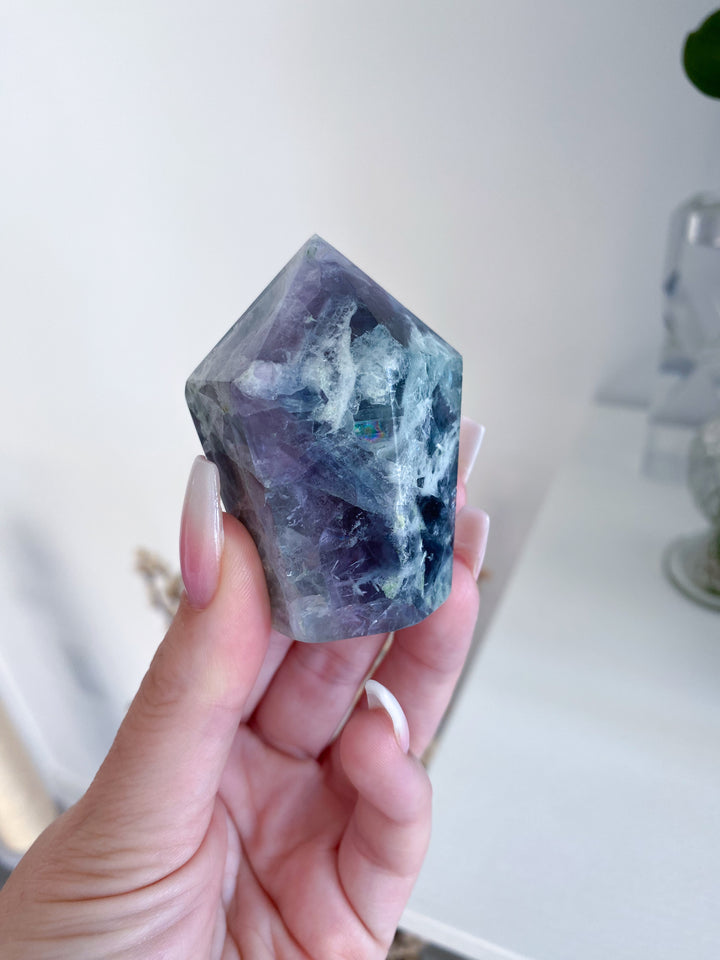 Feathered Snowflake Crackle Rainbow Fluorite Point #3
