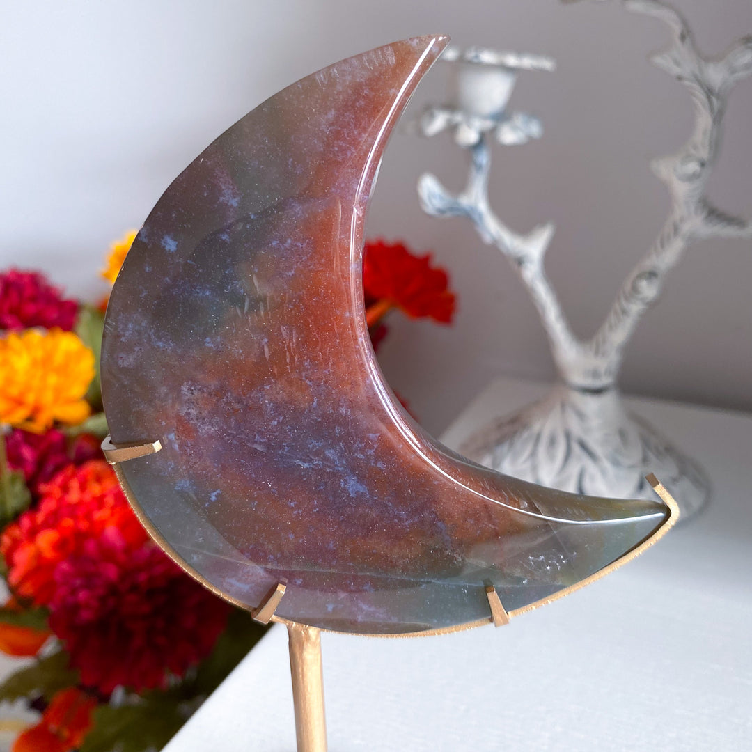 Ocean Jasper Moon on Gold Stand 