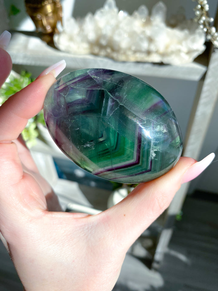 Green Purple Inclusions Rainbow Fluorite Palm #8