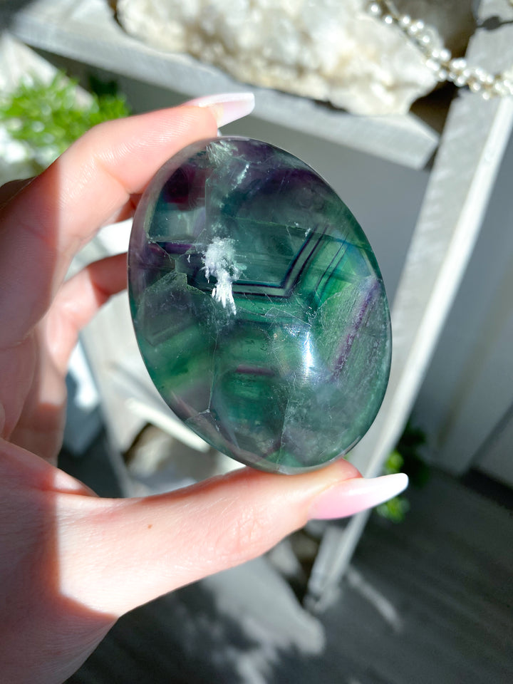Green Purple Inclusions Rainbow Fluorite Palm #8
