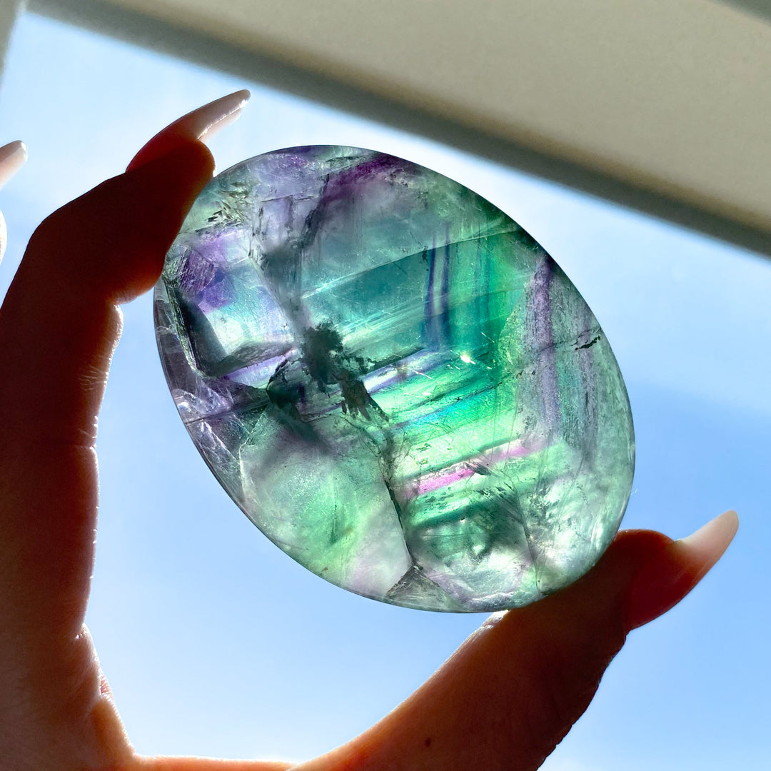 Green Purple Inclusions Rainbow Fluorite Palm #8