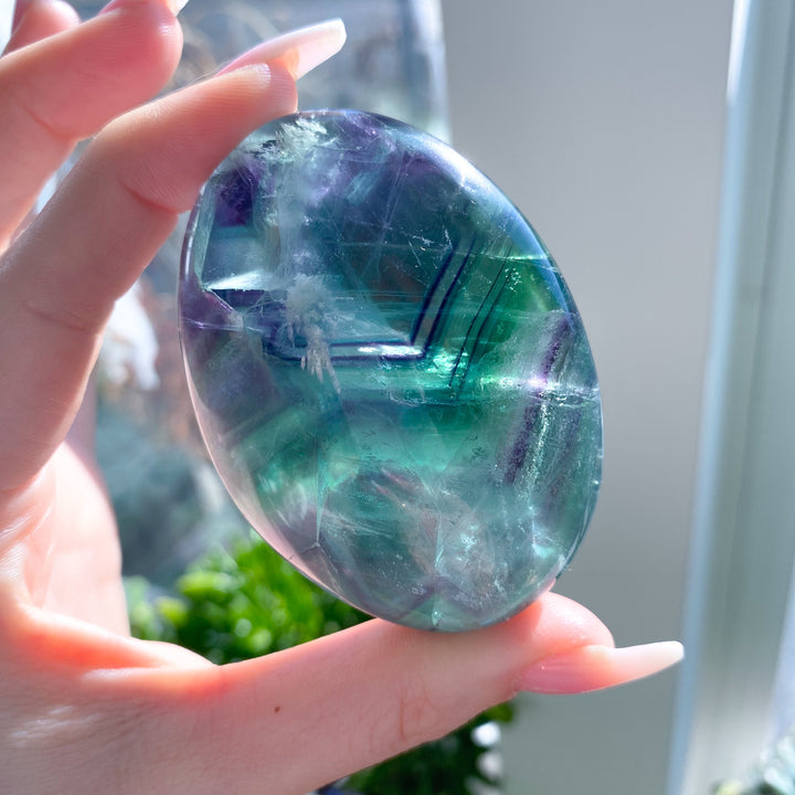 Green Purple Inclusions Rainbow Fluorite Palm #8