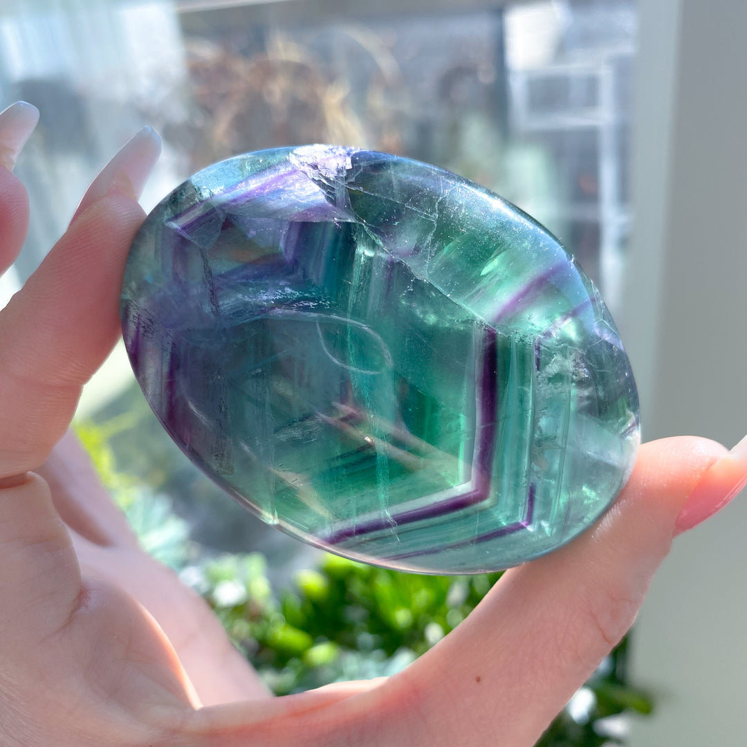 Green Purple Inclusions Rainbow Fluorite Palm #8