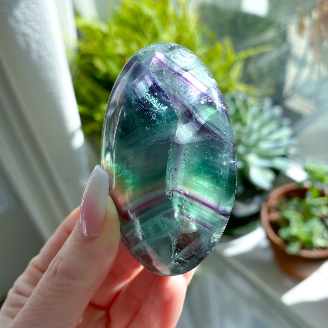 Green Purple Inclusions Rainbow Fluorite Palm #8