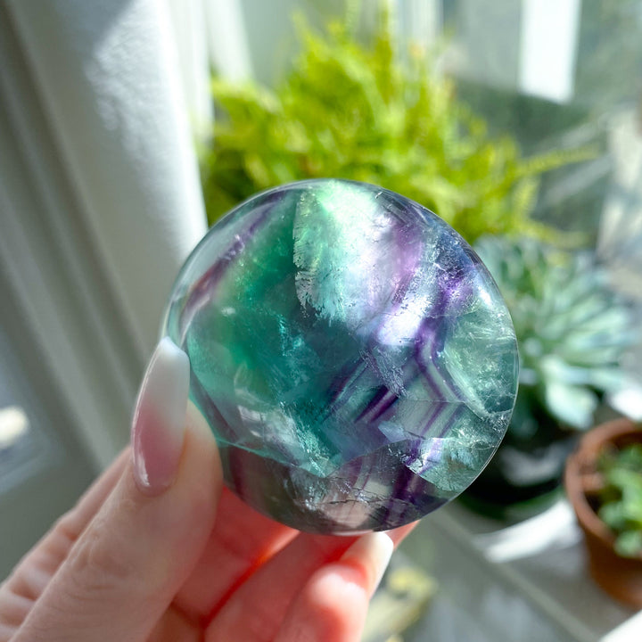 Green Purple Inclusions Rainbow Fluorite Palm #8