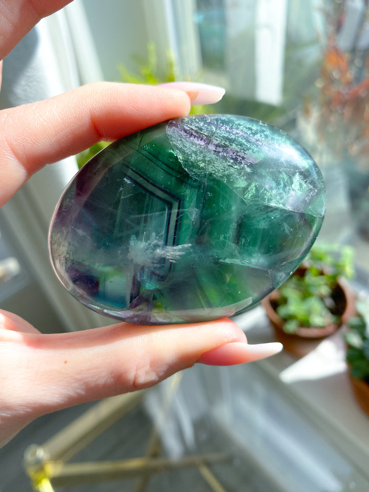 Green Purple Inclusions Rainbow Fluorite Palm #8