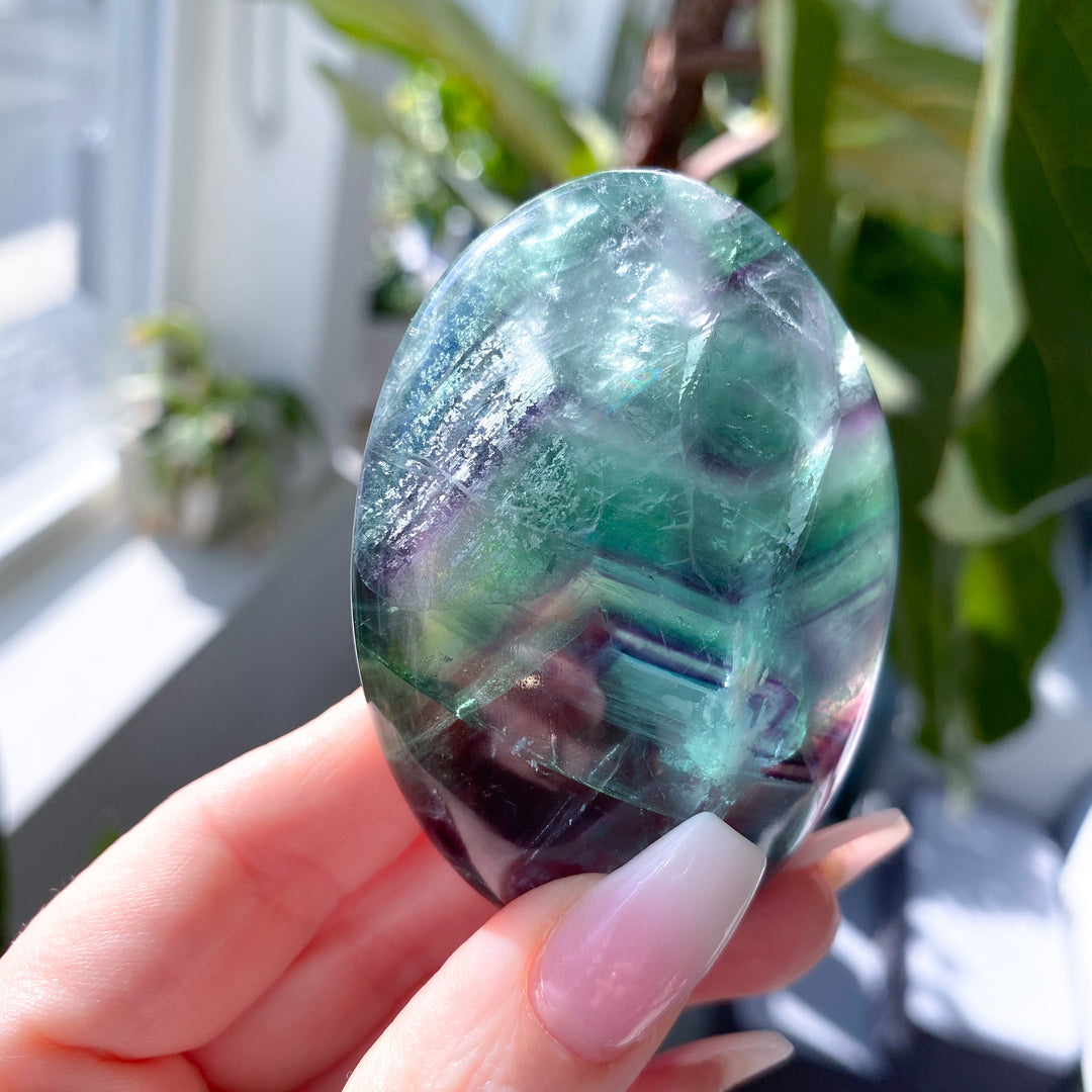 Green Purple Inclusions Rainbow Fluorite Palm #8