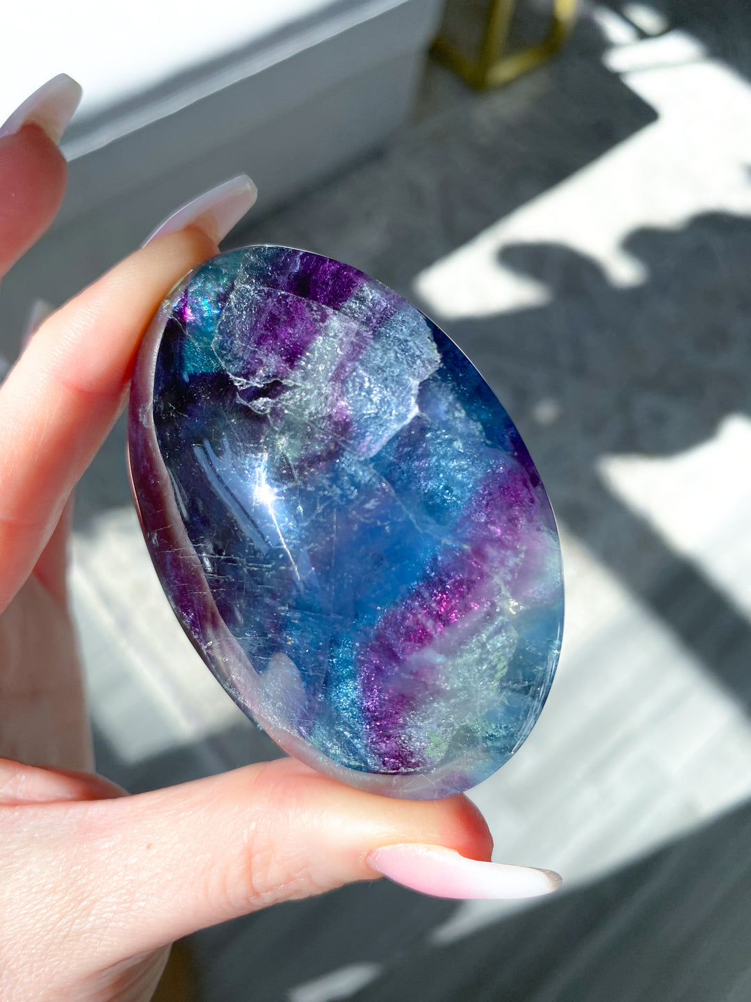 Rainbow Fluorite Palm #6 - Slight Chip