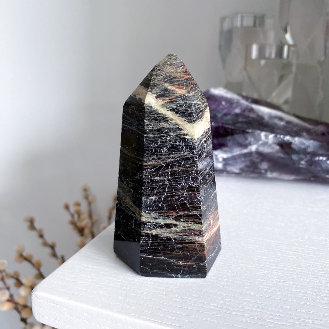 Big Black Tourmaline Tower with Hematite 3" - Get Exact Piece