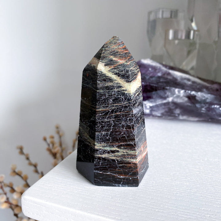 Big Black Tourmaline Tower with Hematite 3" - Get Exact Piece
