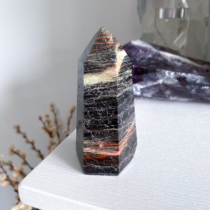 Big Black Tourmaline Tower with Hematite 3" - Get Exact Piece
