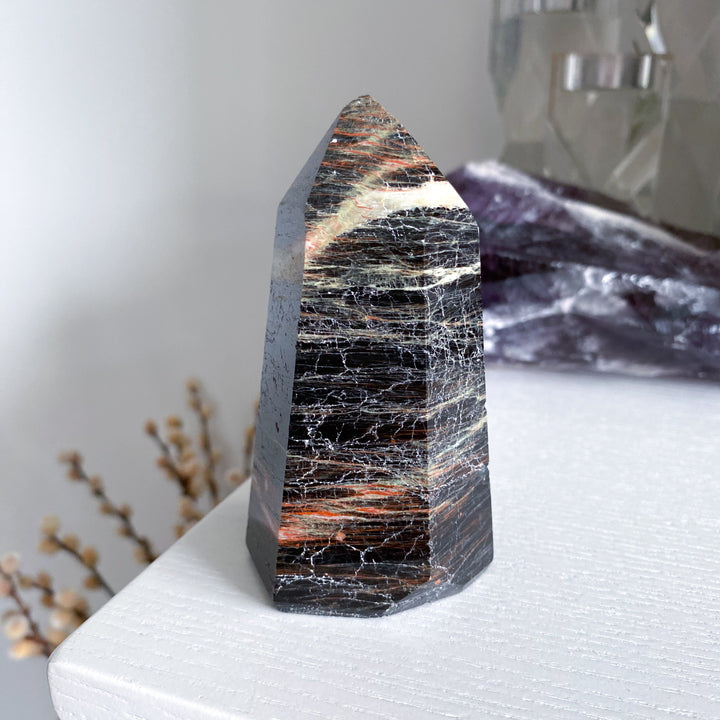 Big Black Tourmaline Tower with Hematite 3" - Get Exact Piece