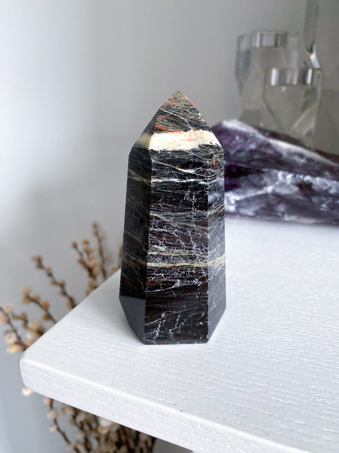Big Black Tourmaline Tower with Hematite 3" - Get Exact Piece
