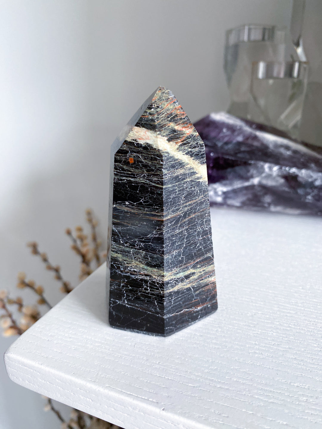 Big Black Tourmaline Tower with Hematite 3" - Get Exact Piece