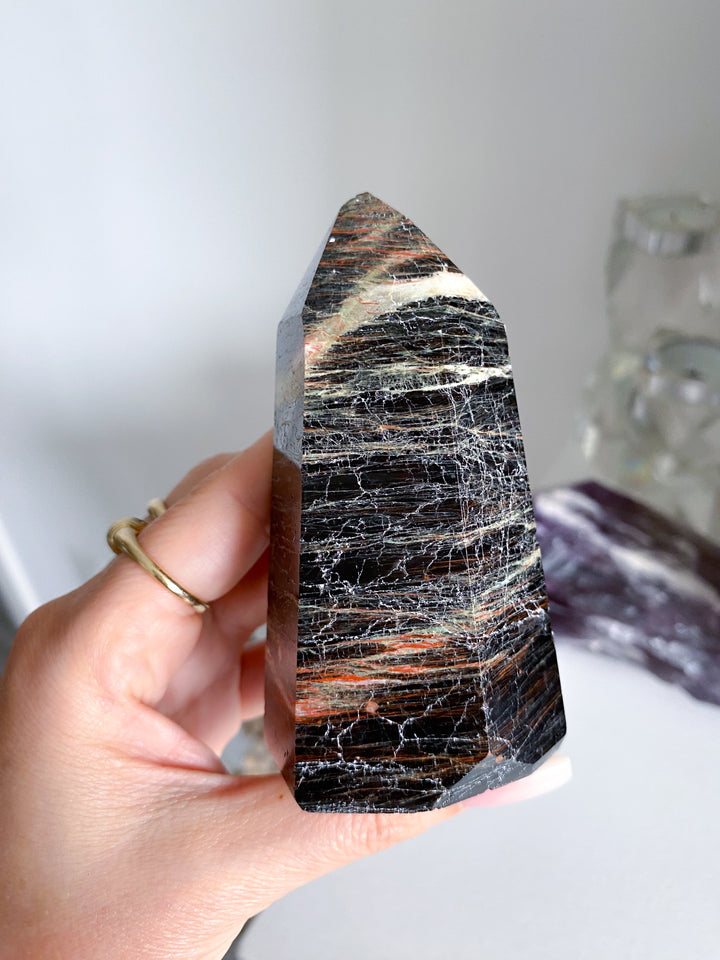 Big Black Tourmaline Tower with Hematite 3" - Get Exact Piece