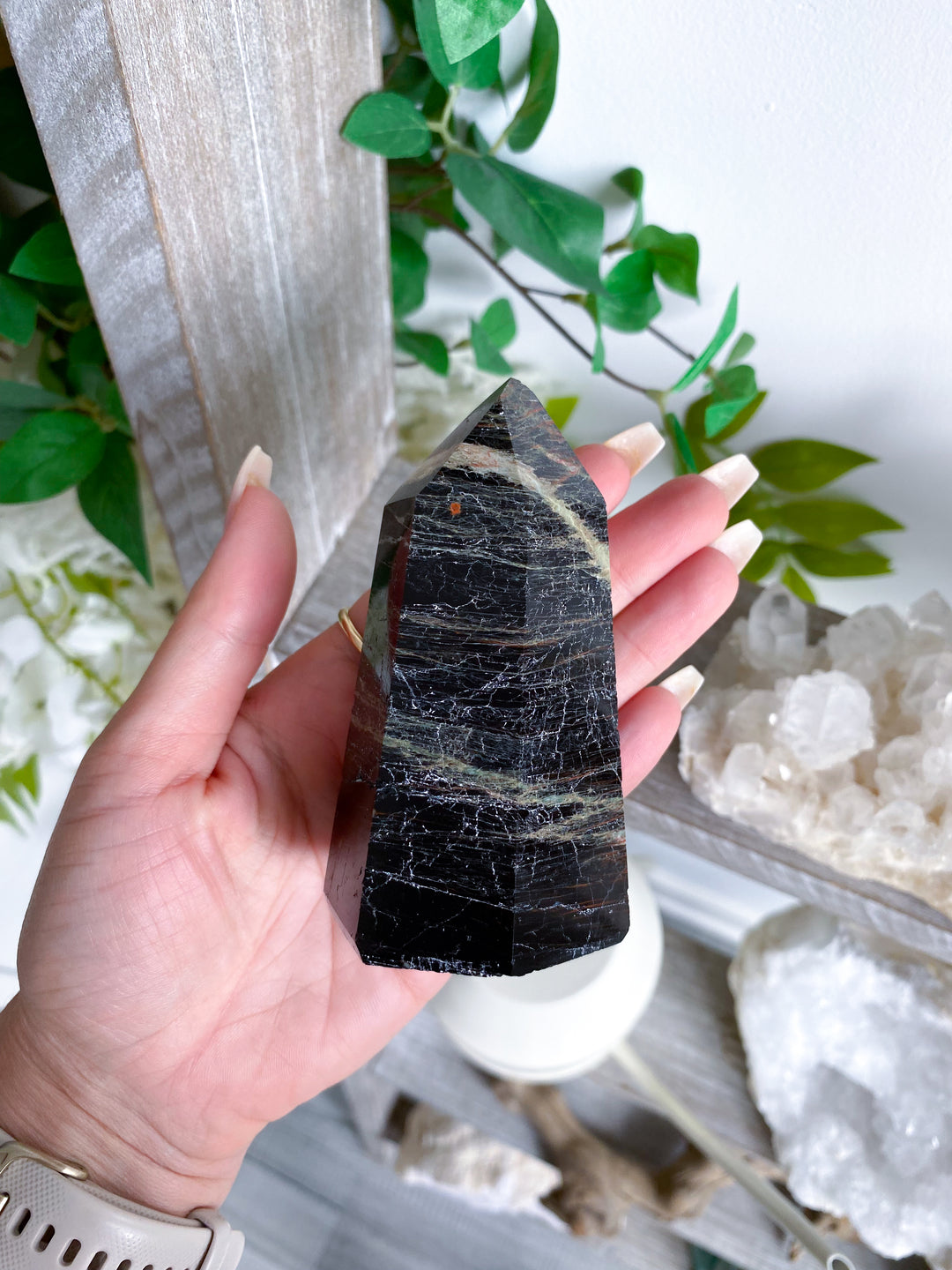Big Black Tourmaline Tower with Hematite 3" - Get Exact Piece