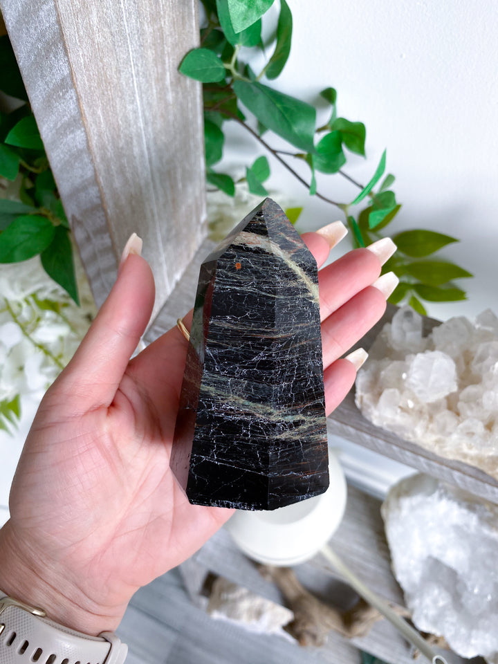 Big Black Tourmaline Tower with Hematite 3" - Get Exact Piece