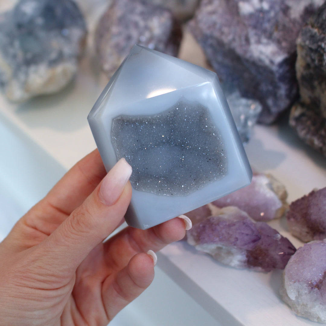 Druzy Gray Agate Sliced Tower Freestanding