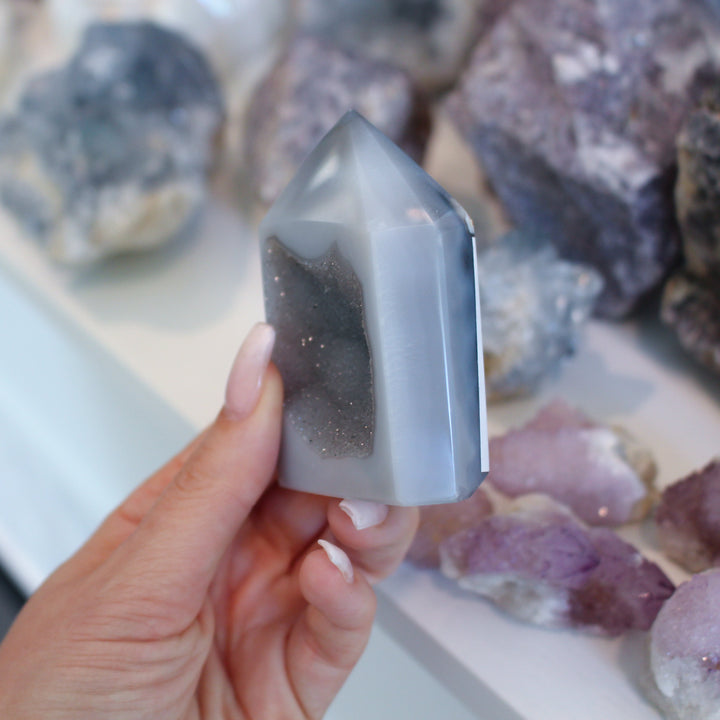 Druzy Gray Agate Sliced Tower Freestanding