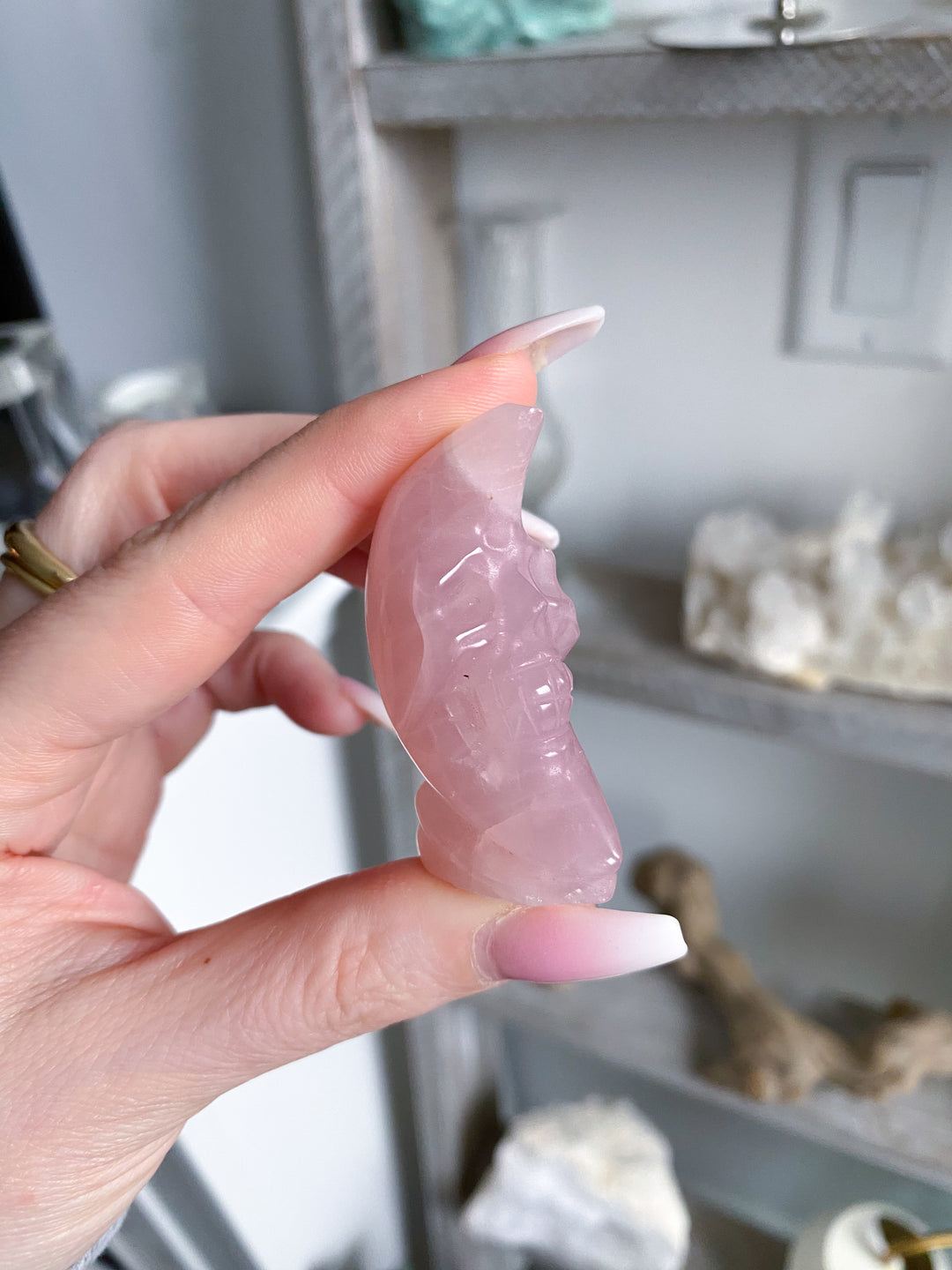 Man on the Moon Rose Quartz Carving