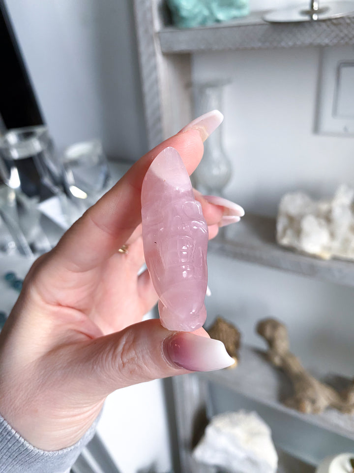 Man on the Moon Rose Quartz Carving