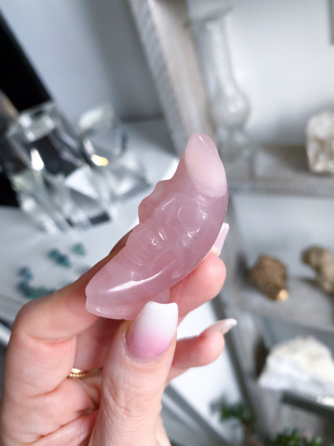 Man on the Moon Rose Quartz Carving