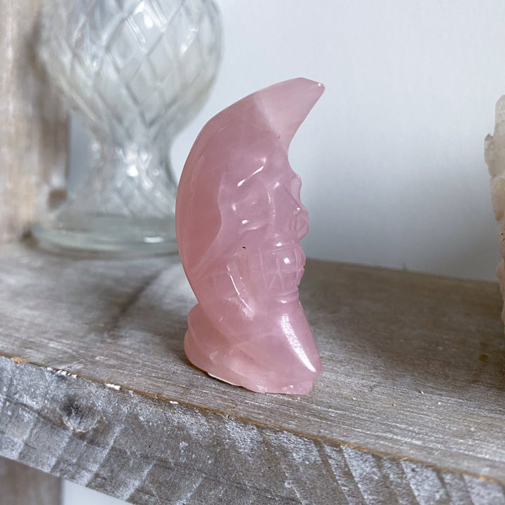 Man on the Moon Rose Quartz Carving