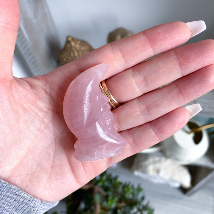 Man on the Moon Rose Quartz Carving