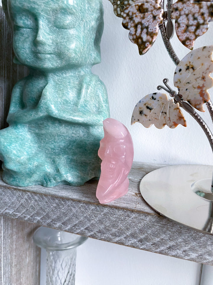 Man on the Moon Rose Quartz Carving