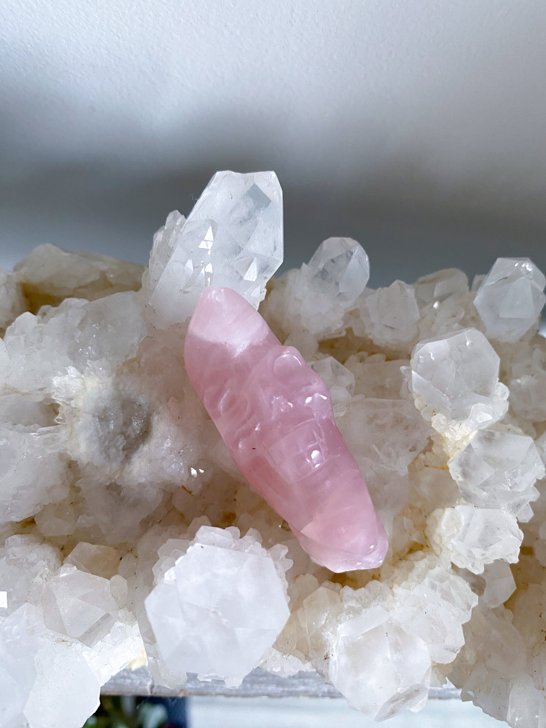 Man on the Moon Rose Quartz Carving