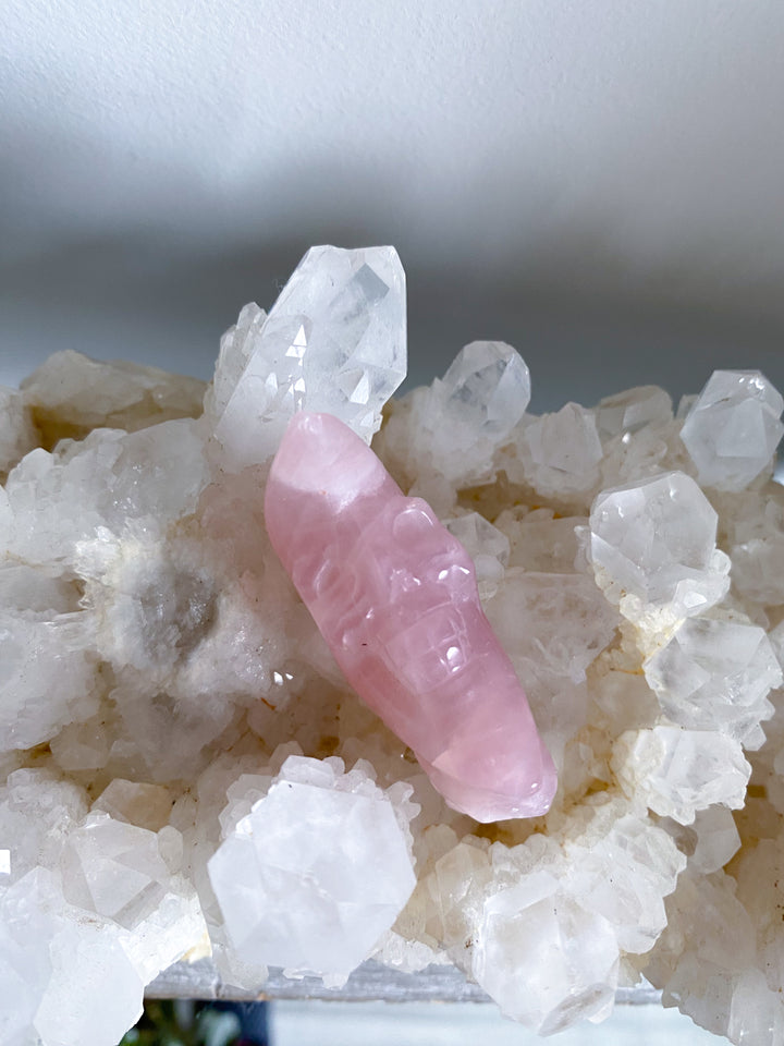 Man on the Moon Rose Quartz Carving