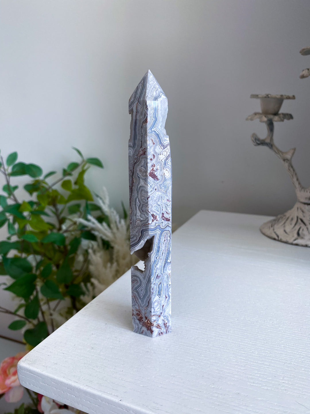 Drusy White Crazy Lace Agate Tower 6" 