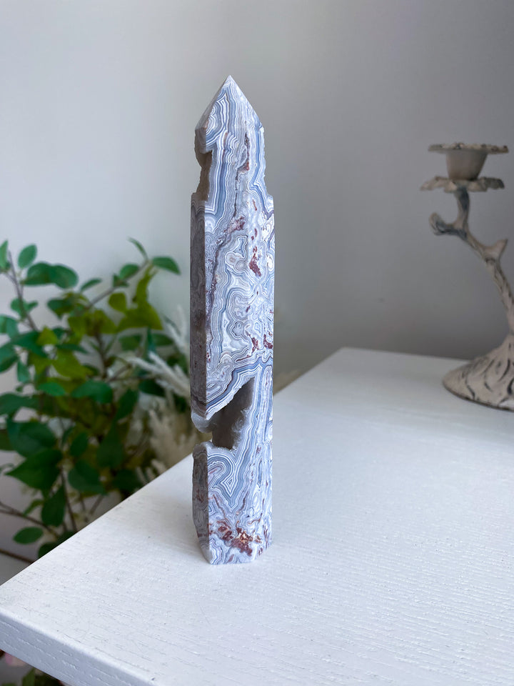 Drusy White Crazy Lace Agate Tower 6" 